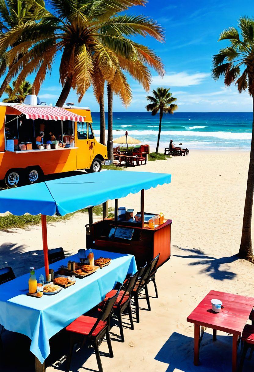 A picturesque Texan beach scene featuring a colorful food truck serving gourmet burgers, beachgoers enjoying the sun, and a table laid with various local delicacies like BBQ, seafood, and refreshing drinks. The ocean waves gently lap at the shore, while palm trees sway in the background. Bright and inviting atmosphere, showcasing the essence of Texas coastal cuisine. vibrant colors. super-realistic.