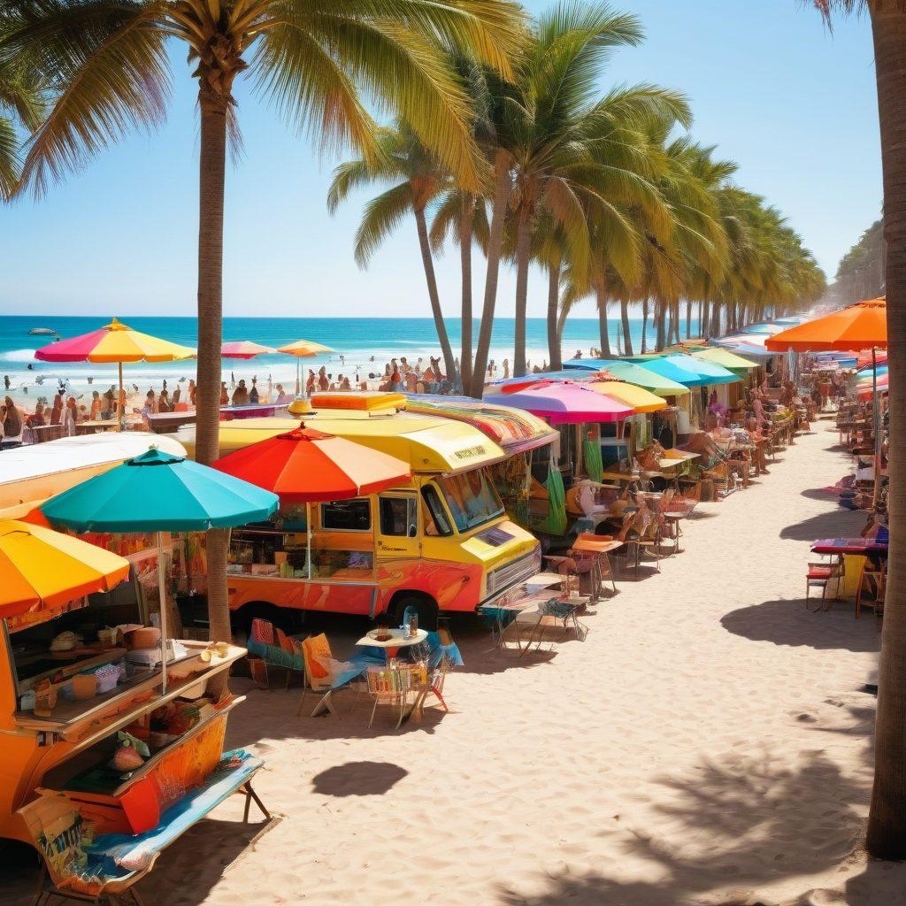 An inviting beach scene showcasing diverse bikini styles on sunbathers, with colorful beach umbrellas and surfboards in the background. A vibrant Texan food truck serves local cuisine, featuring tacos and drinks, under palm trees swaying in the sun. The beach is dotted with beachgoers enjoying summer festivities, waves crashing softly on the shore. super-realistic. bright colors. dynamic composition.
