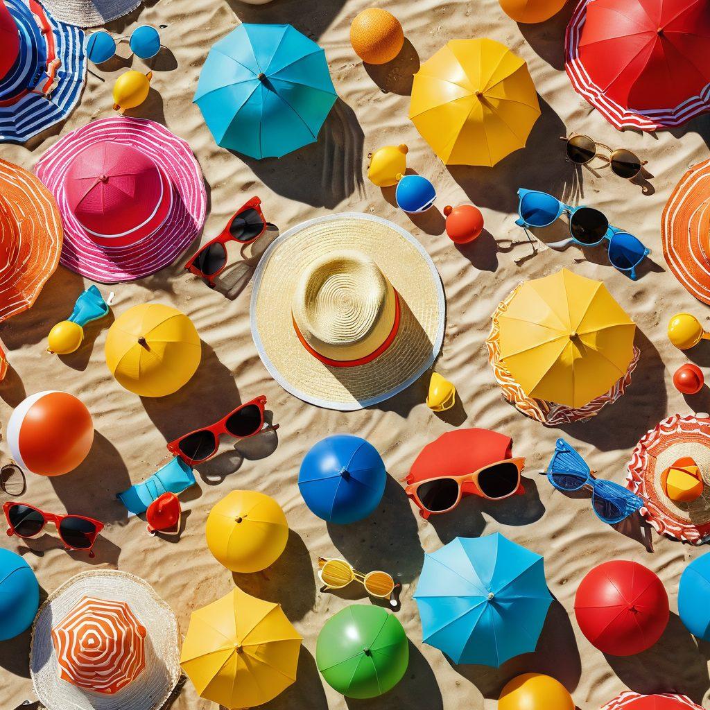 A sun-drenched beach scene featuring vibrant beach attire like swimsuits, sun hats, and accessories laid out on golden sand. Include playful elements such as beach balls and umbrellas, while showcasing diverse people enjoying the summer atmosphere. The ocean waves should be in the background, shimmering under the bright sun. Capture the essence of summer fashion in a lively and colorful setting. super-realistic. vibrant colors. airy background.